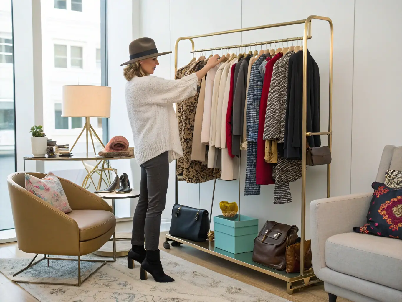 A consultant and client reviewing clothing options in a well-organized closet, focusing on color palettes and fabric textures.