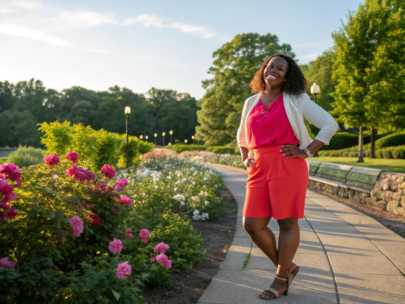 A client smiling confidently in a new outfit, reflecting a successful wardrobe makeover and improved self-image.